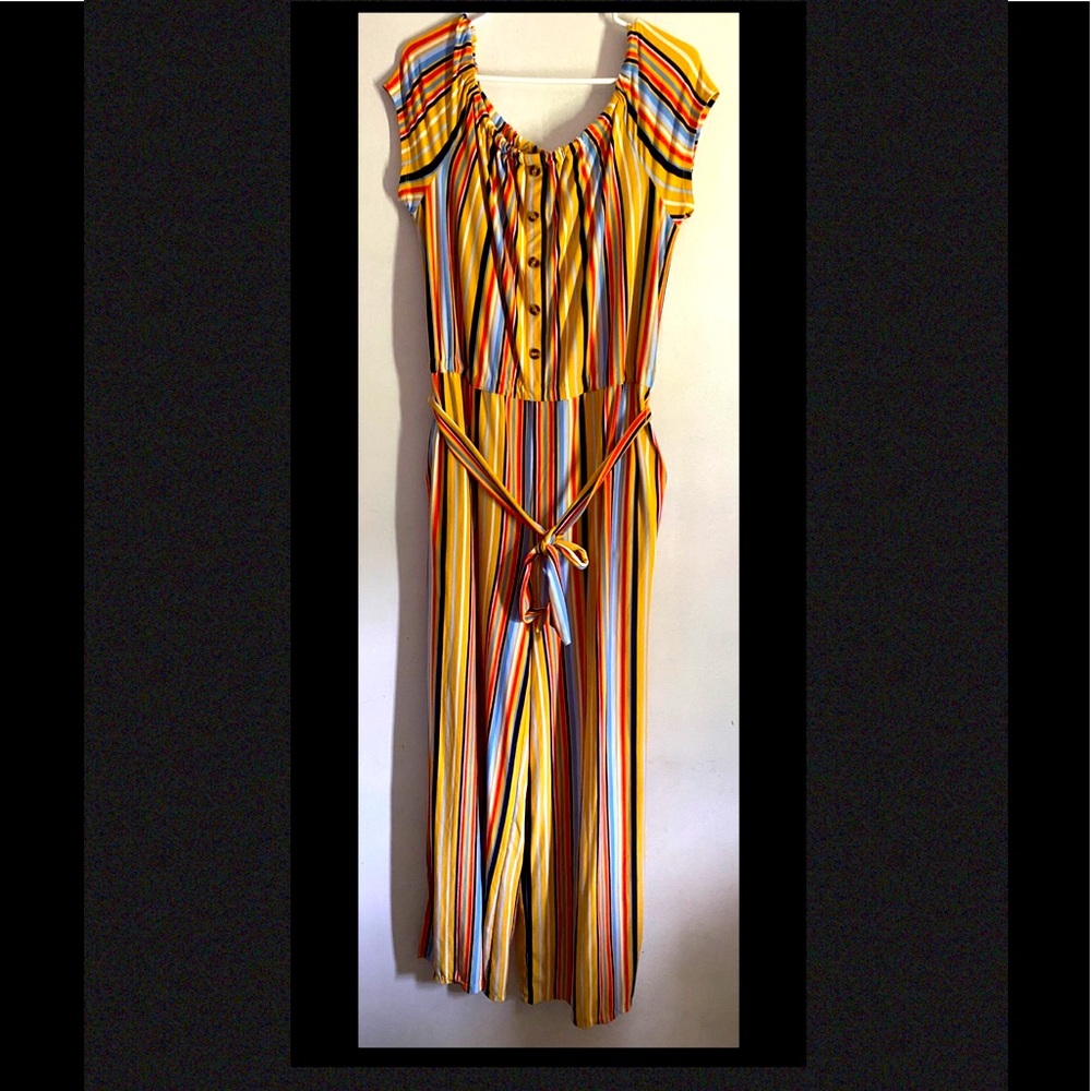 EYE CANDY Striped Wide Leg Belted With Pockets Jumpsuit.